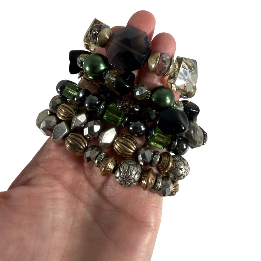 Lot 6 Beaded Bracelets Gold Tone Silver Tone Black Green Chunky Layering